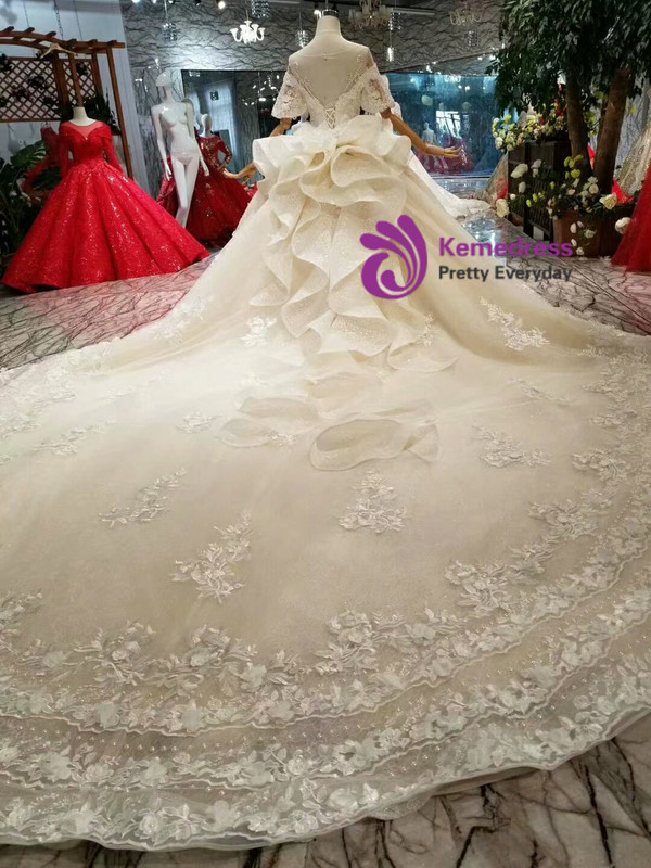 Shop 2019 Long & Short Champagne Ball Gown Tulle Lace Puff Sleeve Backless Wedding Dress With Beading With Factory Price From Kemedress