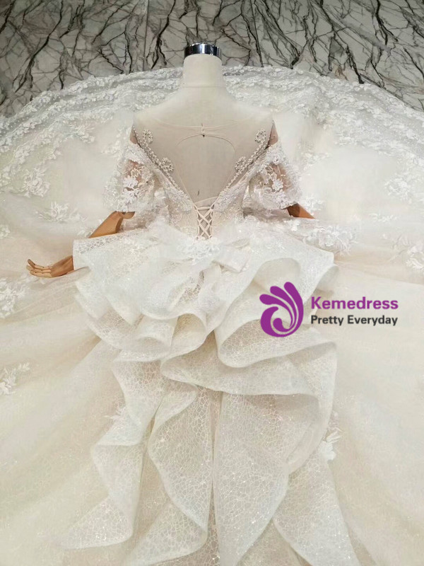 Shop 2019 Long & Short Champagne Ball Gown Tulle Lace Puff Sleeve Backless Wedding Dress With Beading With Factory Price From Kemedress