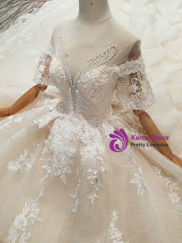 Shop 2019 Long & Short Champagne Ball Gown Tulle Lace Puff Sleeve Backless Wedding Dress With Beading With Factory Price From Kemedress