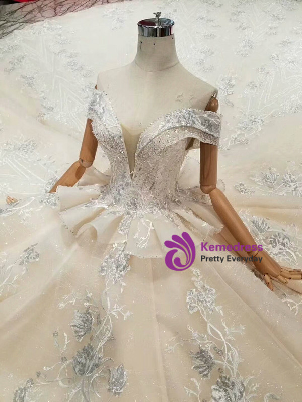 Shop 2019 Long & Short Champagne Tulle Appliques Off The Shoulder Wedding Dress With Train With Factory Price From Kemedress