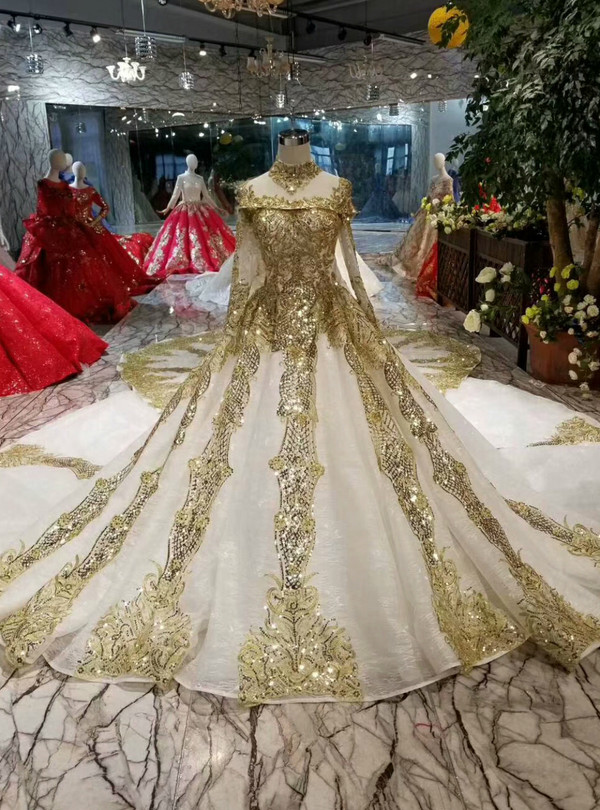 Shop 2019 Long & Short Ball Gown Gold Sequins Appliques Long Sleeve High Neck Wedding Dress Removable Train With Factory Price From Kemedress