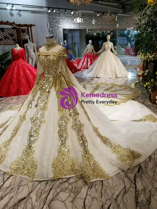 Shop 2019 Long & Short Ball Gown Gold Sequins Appliques Long Sleeve High Neck Wedding Dress Removable Train With Factory Price From Kemedress