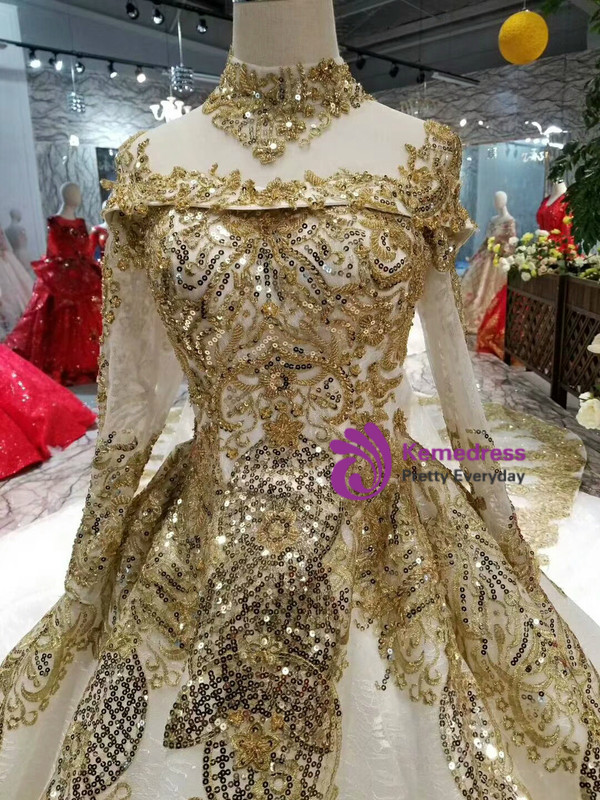 Shop 2019 Long & Short Ball Gown Gold Sequins Appliques Long Sleeve High Neck Wedding Dress Removable Train With Factory Price From Kemedress