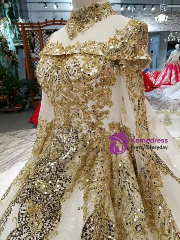 Shop 2019 Long & Short Ball Gown Gold Sequins Appliques Long Sleeve High Neck Wedding Dress Removable Train With Factory Price From Kemedress