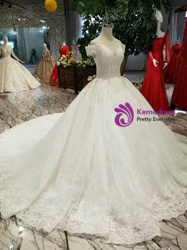 Shop 2019 Long & Short White Ball Gown Tulle Sequins Off The Shoulder Wedding Dress With Beading With Factory Price From Kemedress