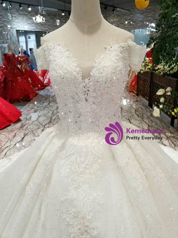 Shop 2019 Long & Short White Ball Gown Tulle Sequins Off The Shoulder Wedding Dress With Beading With Factory Price From Kemedress