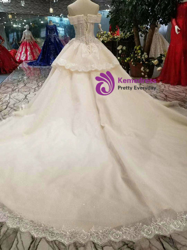 Shop 2019 Long & Short Champagne Tulle Appliques Off The Shoulder Beading Wedding Dress With Train With Factory Price From Kemedress