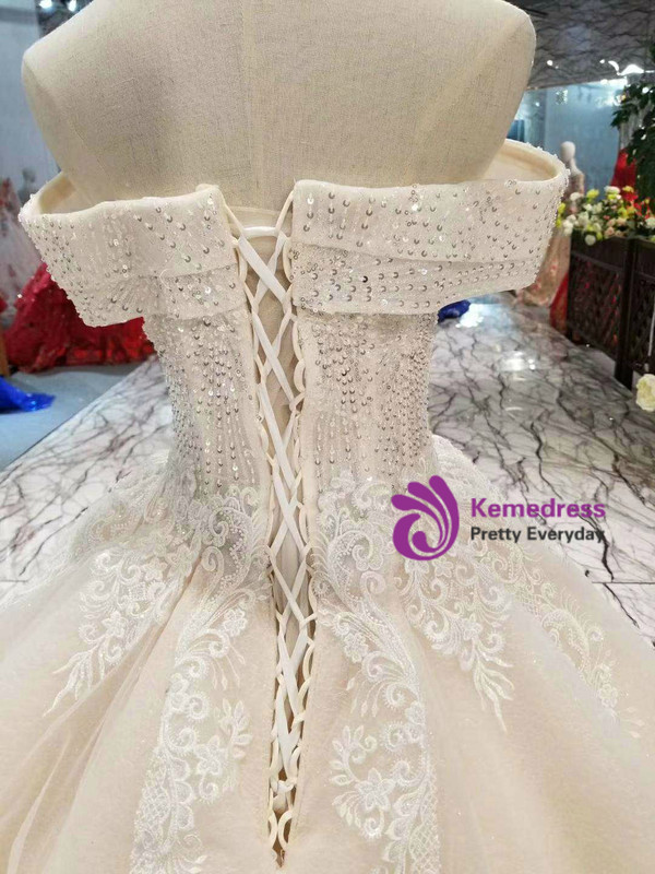 Shop 2019 Long & Short Champagne Tulle Appliques Off The Shoulder Beading Wedding Dress With Train With Factory Price From Kemedress