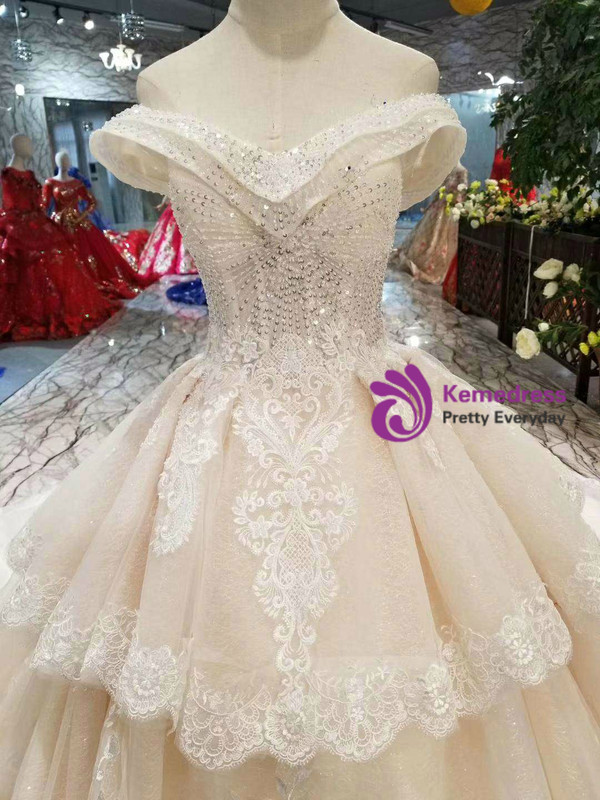 Shop 2019 Long & Short Champagne Tulle Appliques Off The Shoulder Beading Wedding Dress With Train With Factory Price From Kemedress