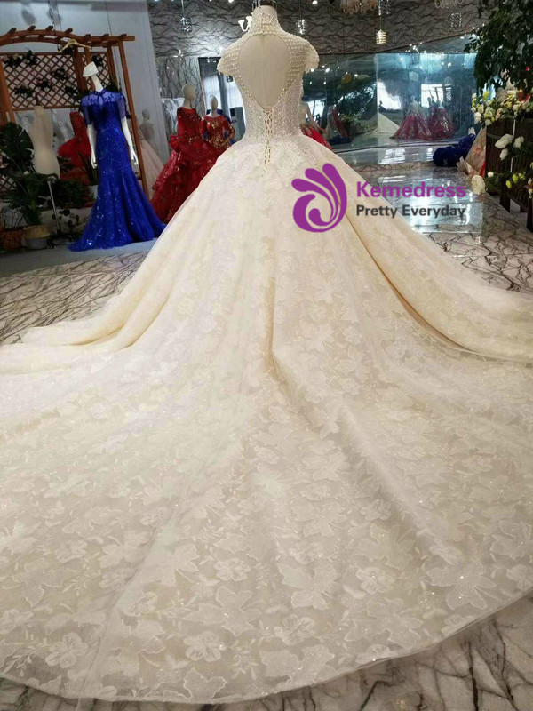 Shop 2019 Long & Short Champagne Ball Gown High Neck Cap Sleeve Backless Wedding Dress With Beading With Factory Price From Kemedress