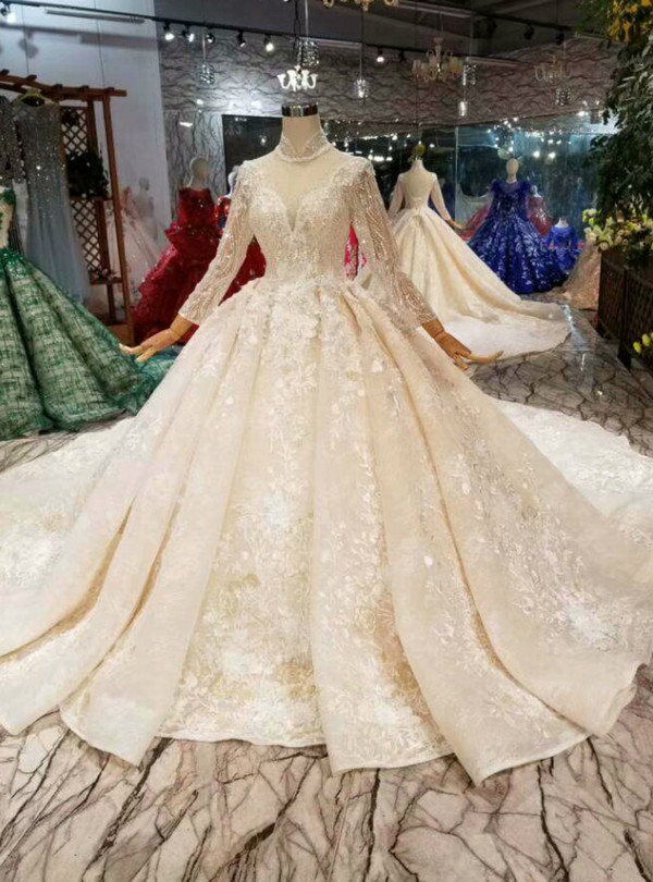 Shop 2019 Long & Short Champagne Ball Gown Tulle Appliques High Neck Long Sleeve Wedding Dress With Factory Price From Kemedress