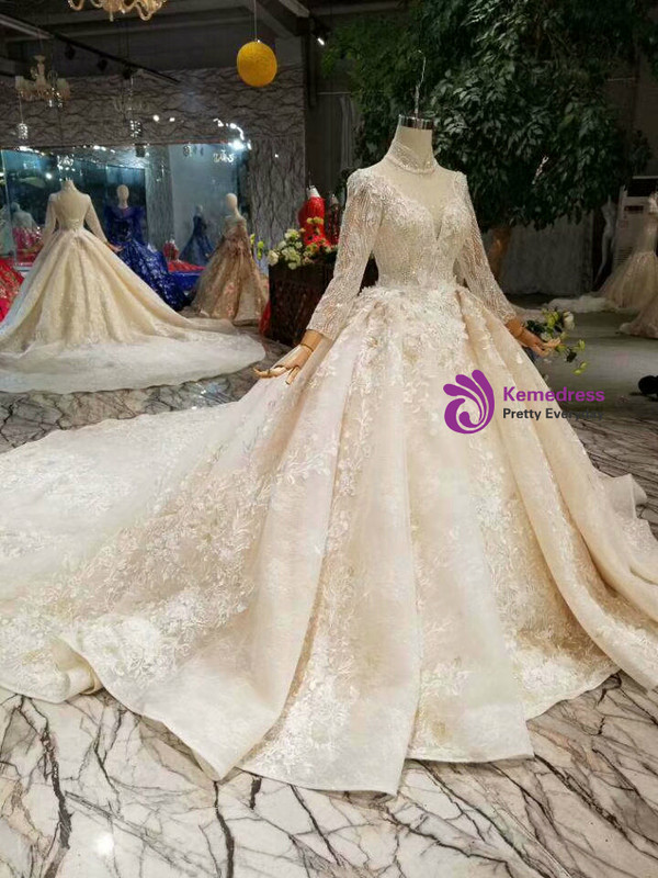 Shop 2019 Long & Short Champagne Ball Gown Tulle Appliques High Neck Long Sleeve Wedding Dress With Factory Price From Kemedress