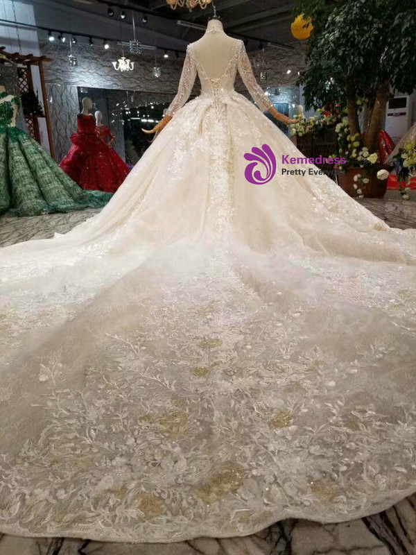 Shop 2019 Long & Short Champagne Ball Gown Tulle Appliques High Neck Long Sleeve Wedding Dress With Factory Price From Kemedress