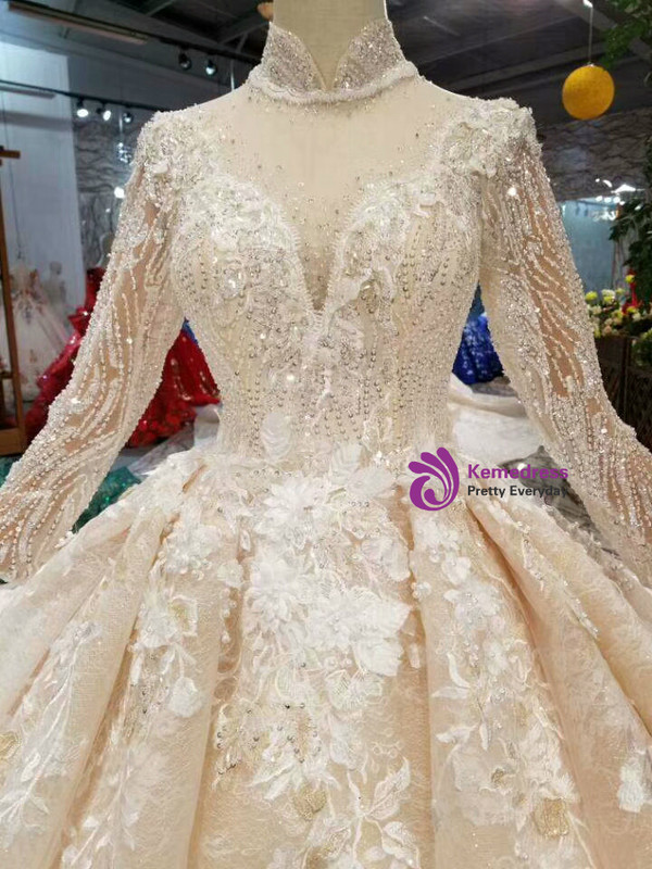 Shop 2019 Long & Short Champagne Ball Gown Tulle Appliques High Neck Long Sleeve Wedding Dress With Factory Price From Kemedress
