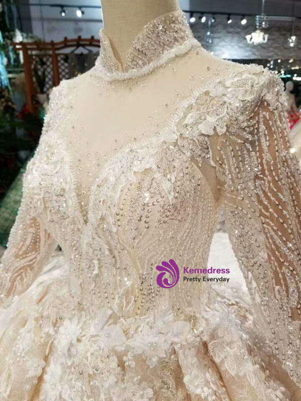Shop 2019 Long & Short Champagne Ball Gown Tulle Appliques High Neck Long Sleeve Wedding Dress With Factory Price From Kemedress
