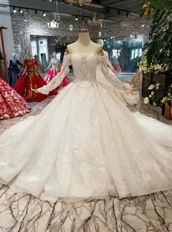 Shop 2019 Long & Short Light Champagne Ball Gown Tulle Appliques Off The Shoulder Long Sleeve Wedding Dress With Factory Price From Kemedress