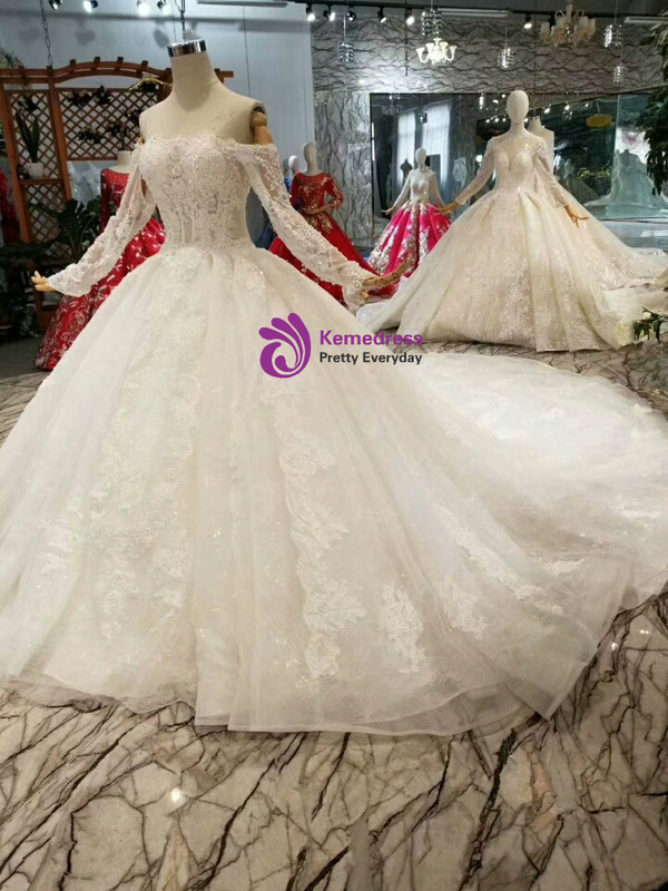 Shop 2019 Long & Short Light Champagne Ball Gown Tulle Appliques Off The Shoulder Long Sleeve Wedding Dress With Factory Price From Kemedress