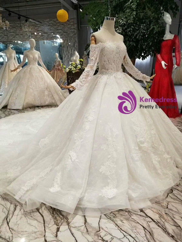 Shop 2019 Long & Short Light Champagne Ball Gown Tulle Appliques Off The Shoulder Long Sleeve Wedding Dress With Factory Price From Kemedress