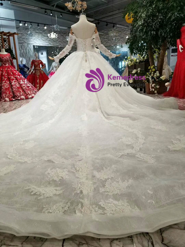 Shop 2019 Long & Short Light Champagne Ball Gown Tulle Appliques Off The Shoulder Long Sleeve Wedding Dress With Factory Price From Kemedress