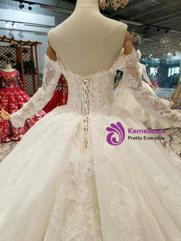 Shop 2019 Long & Short Light Champagne Ball Gown Tulle Appliques Off The Shoulder Long Sleeve Wedding Dress With Factory Price From Kemedress