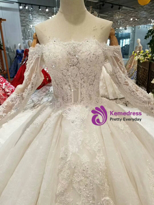 Shop 2019 Long & Short Light Champagne Ball Gown Tulle Appliques Off The Shoulder Long Sleeve Wedding Dress With Factory Price From Kemedress