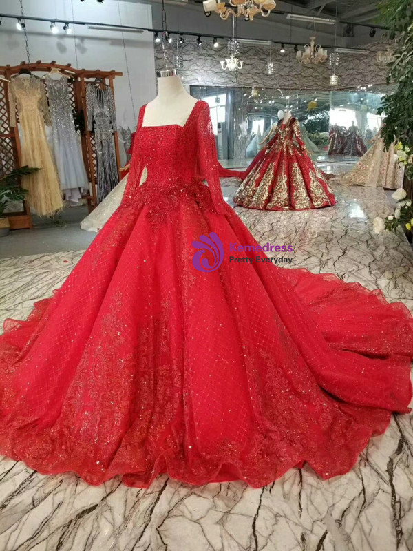 Shop 2019 Long & Short Red Ball Gown Tulle Sequins Square Neck Long Sleeve Wedding Dress With Factory Price From Kemedress