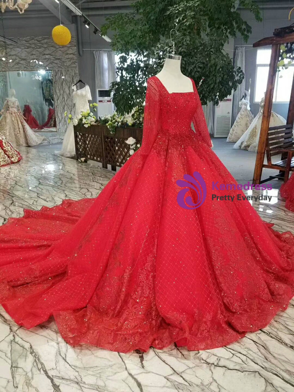 Shop 2019 Long & Short Red Ball Gown Tulle Sequins Square Neck Long Sleeve Wedding Dress With Factory Price From Kemedress