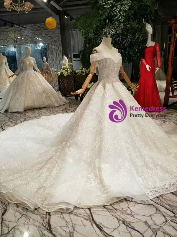 Shop 2019 Long & Short Light Champagne Ball Gown Tulle Appliques Off The Shoulder Wedding Dress With Long Train With Factory Price From Kemedress