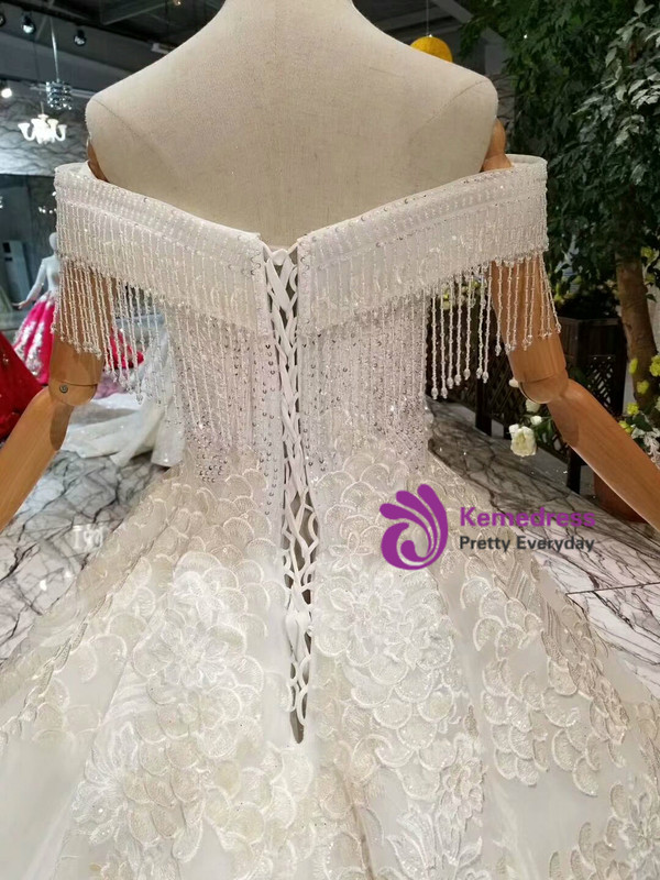 Shop 2019 Long & Short Light Champagne Ball Gown Tulle Appliques Off The Shoulder Wedding Dress With Long Train With Factory Price From Kemedress