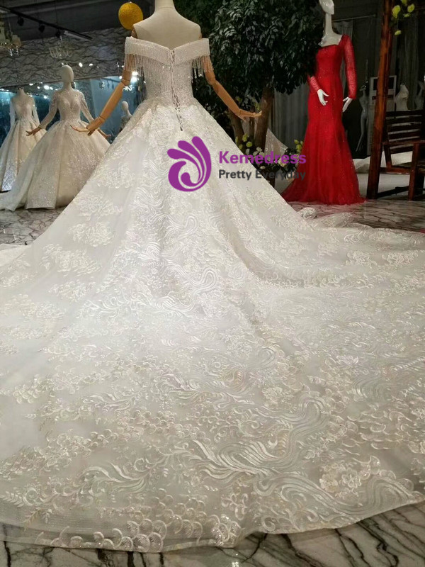 Shop 2019 Long & Short Light Champagne Ball Gown Tulle Appliques Off The Shoulder Wedding Dress With Long Train With Factory Price From Kemedress