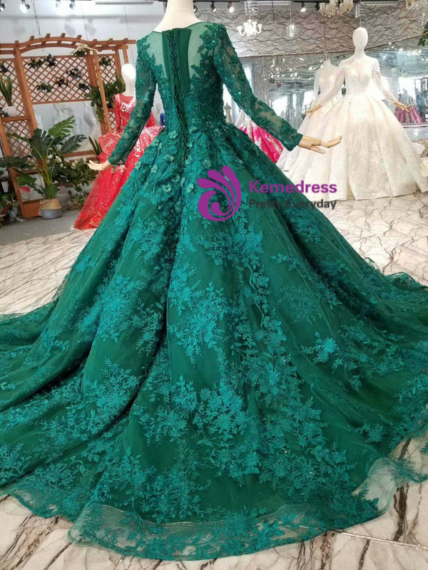 Shop 2019 Long & Short Green Ball Gown Tulle Lace Appliques Long Sleeve Wedding Dress With Factory Price From Kemedress