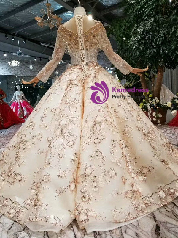 Shop 2019 Long & Short Champagne Ball Gown Sequins Tulle Long Sleeve Wedding Dress With Beading With Factory Price From Kemedress