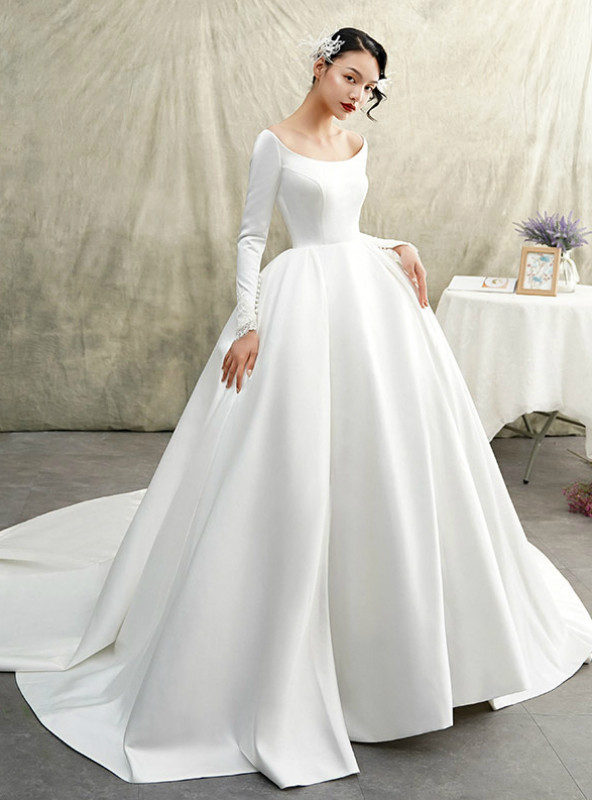 Shop 2019 Long & Short White Ball Gown Satin Bateau Long Sleeve Wedding Dress With Train With Factory Price From Kemedress
