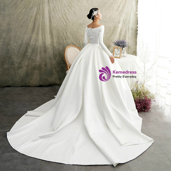 Shop 2019 Long & Short White Ball Gown Satin Bateau Long Sleeve Wedding Dress With Train With Factory Price From Kemedress