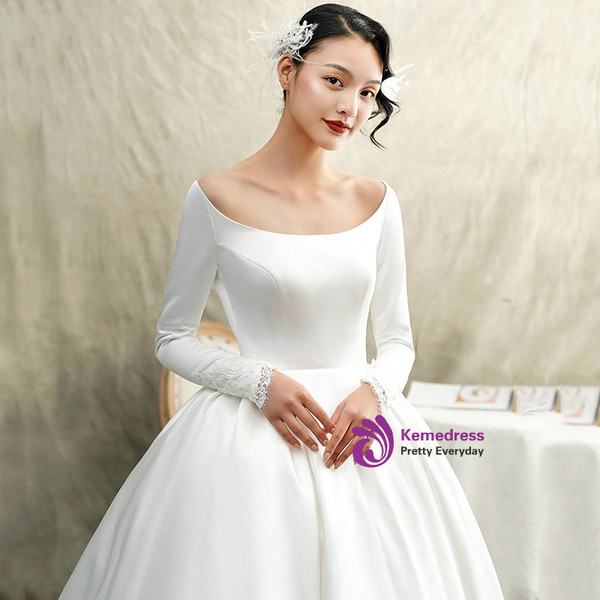 Shop 2019 Long & Short White Ball Gown Satin Bateau Long Sleeve Wedding Dress With Train With Factory Price From Kemedress