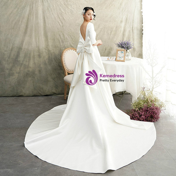 Shop 2019 Long & Short White Bateau Satin Half Sleeve Backless Wedding Dress With Big Bow With Factory Price From Kemedress