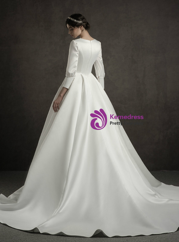 Shop 2019 Long & Short White Satin Deep V-neck Long Sleeve Wedding Dress With Train With Factory Price From Kemedress