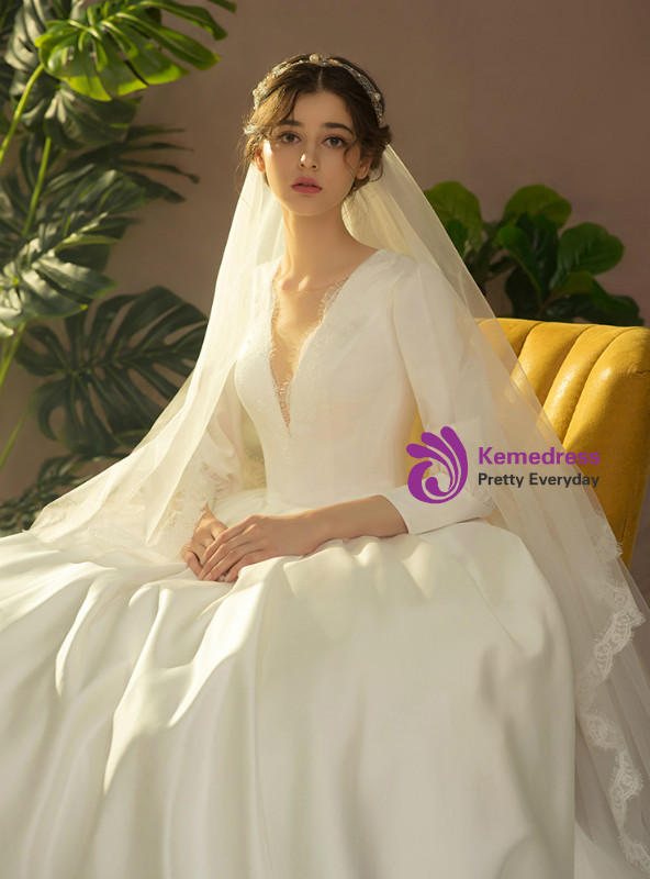 Shop 2019 Long & Short White Satin Deep V-neck Long Sleeve Wedding Dress With Train With Factory Price From Kemedress