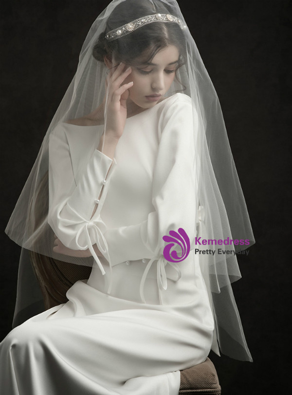 Shop 2019 Long & Short A-Line White Satin Bateau Long Sleeve Backless Floor Length Wedding Dress With Factory Price From Kemedress