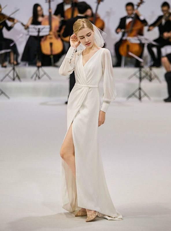 Shop 2019 Long & Short White Satin V-neck Long Sleeve Backless Pleats Wedding Dress With Factory Price From Kemedress