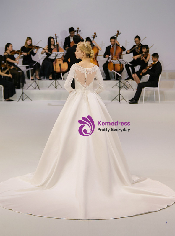 Shop 2019 Long & Short White Ball Gown Satin Bateau Long Sleeve See Through Back Wedding Dress With Factory Price From Kemedress