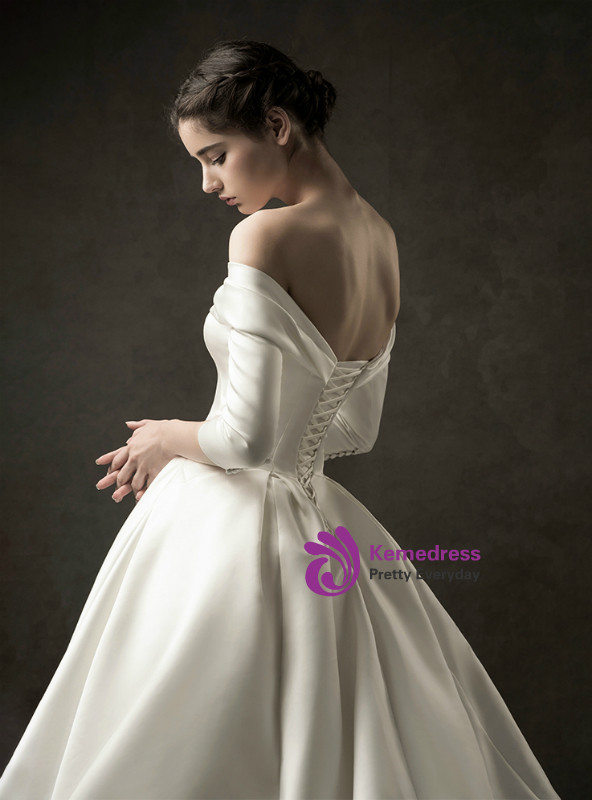 Shop 2019 Long & Short White Ball Gown Satin Off The Shoulder Half Sleeve Wedding Dress With Factory Price From Kemedress