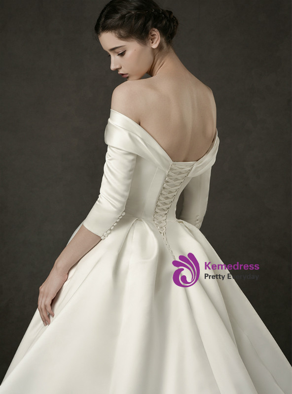 Shop 2019 Long & Short White Ball Gown Satin Off The Shoulder Half Sleeve Wedding Dress With Factory Price From Kemedress