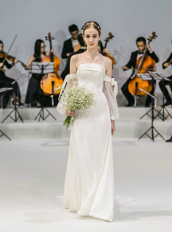 Shop 2019 Long & Short A-Line Spaghetti Straps Satin Long Sleeve Wedding Dress With Bow With Factory Price From Kemedress