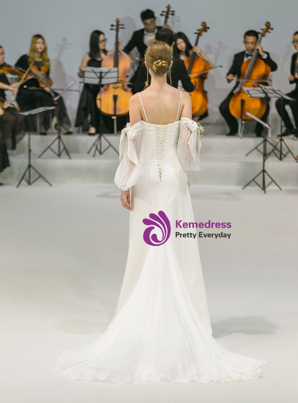 Shop 2019 Long & Short A-Line Spaghetti Straps Satin Long Sleeve Wedding Dress With Bow With Factory Price From Kemedress