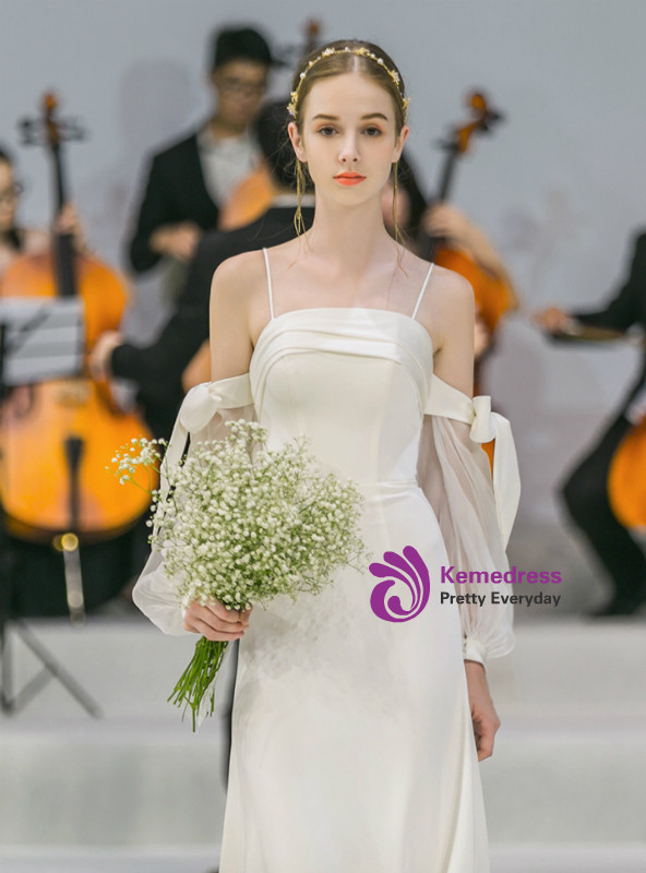 Shop 2019 Long & Short A-Line Spaghetti Straps Satin Long Sleeve Wedding Dress With Bow With Factory Price From Kemedress