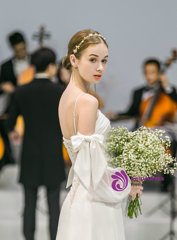 Shop 2019 Long & Short A-Line Spaghetti Straps Satin Long Sleeve Wedding Dress With Bow With Factory Price From Kemedress