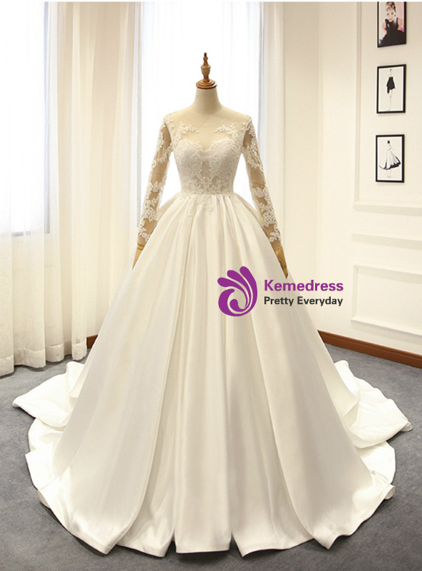 Shop 2019 Long & Short Ivory White Satin Lace Appliques Long Sleeve Backless Wedding Dress  With Factory Price From Kemedress
