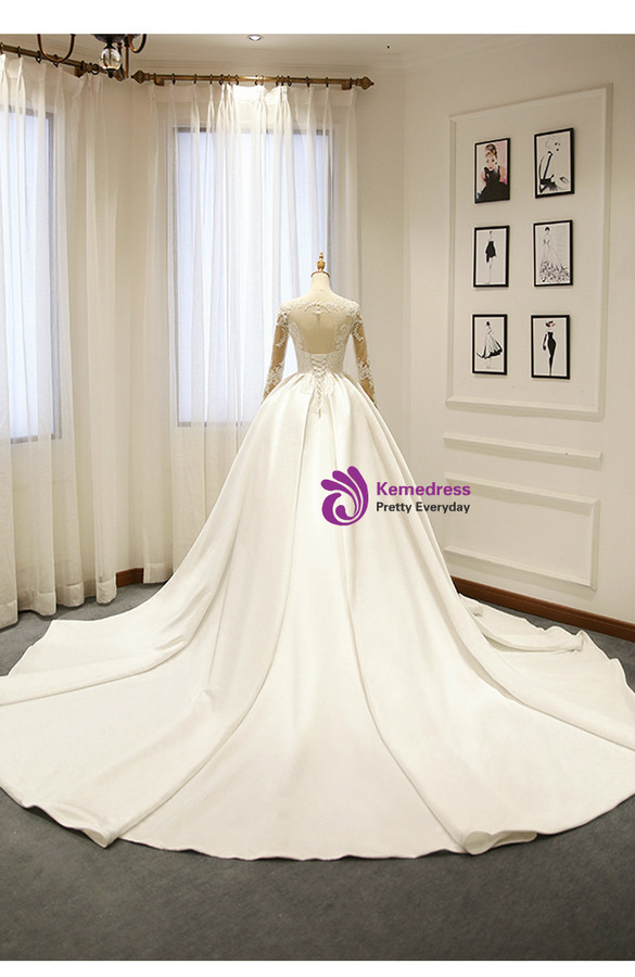 Shop 2019 Long & Short Ivory White Satin Lace Appliques Long Sleeve Backless Wedding Dress  With Factory Price From Kemedress