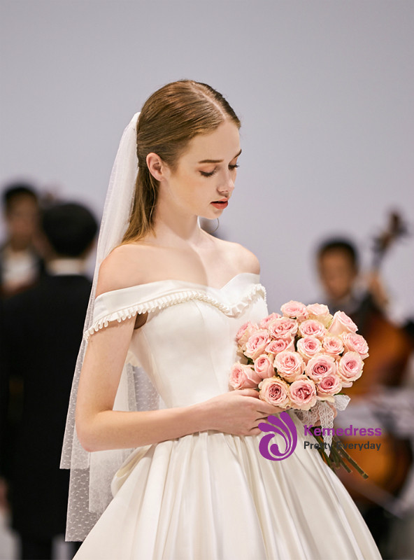 Shop 2019 Long & Short Ivory White Satin Off The Shoulder Bow Wedding Dress With Train With Factory Price From Kemedress